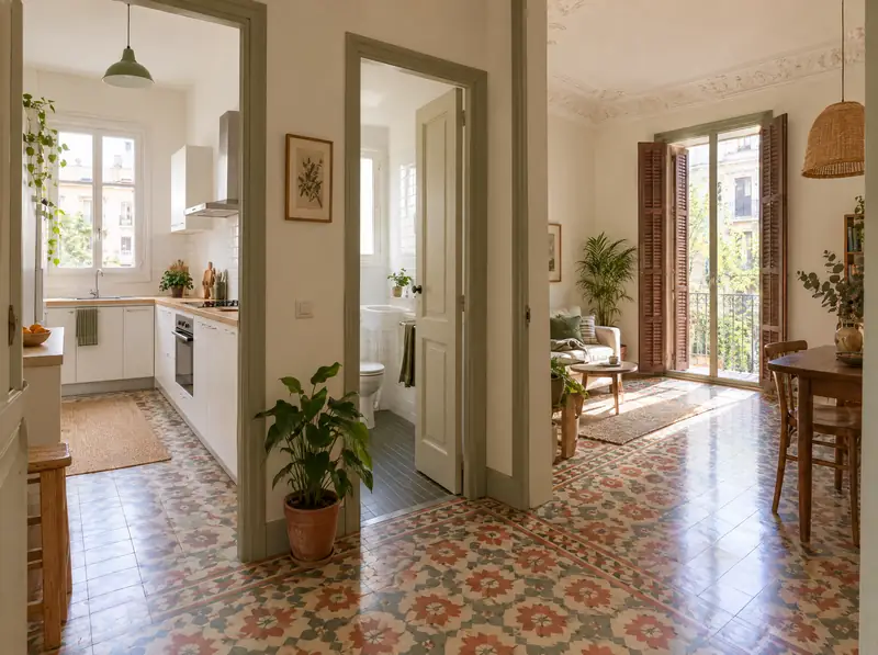 Pasillo de un piso con la cocina y el baño a los lados