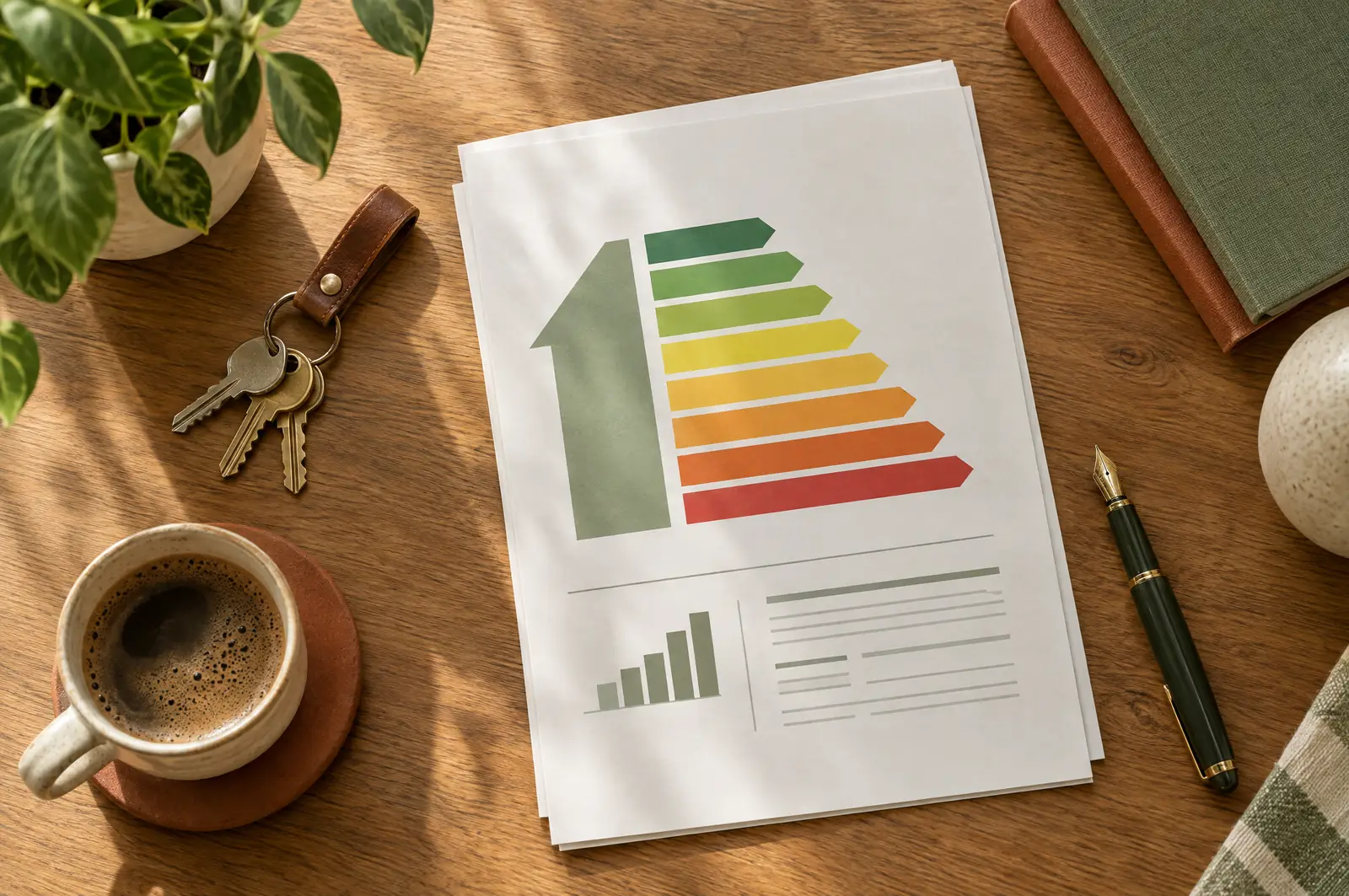 Informe con la escala de calificación energética, unas llaves y un café sobre una mesa
