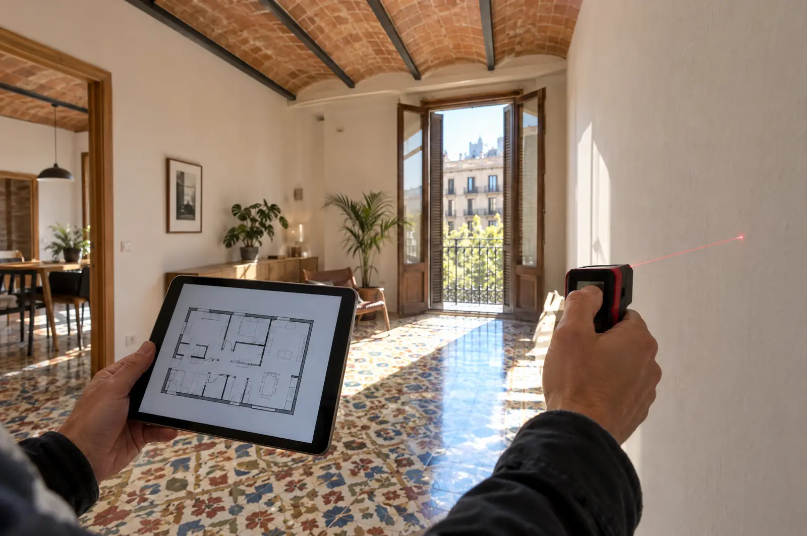 Técnico midiendo un piso de Barcelona con un medidor láser y una tableta
