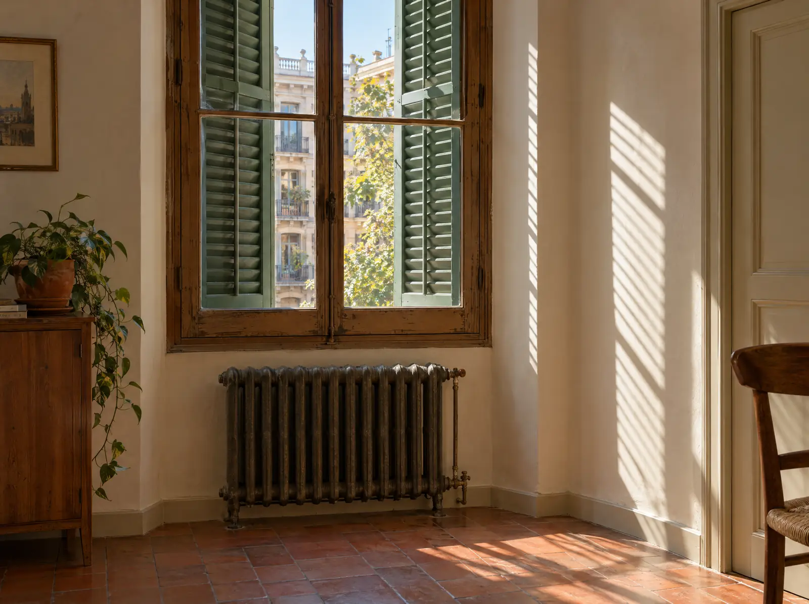 Ventana de madera con persianas verdes y radiador antiguo en un piso de Barcelona